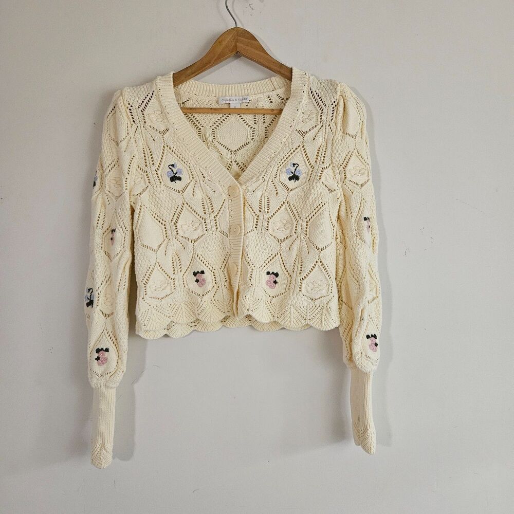 Chelsea & Violet Women's Sweater Small Cream Pointelle Knit Cardigan Embroidered